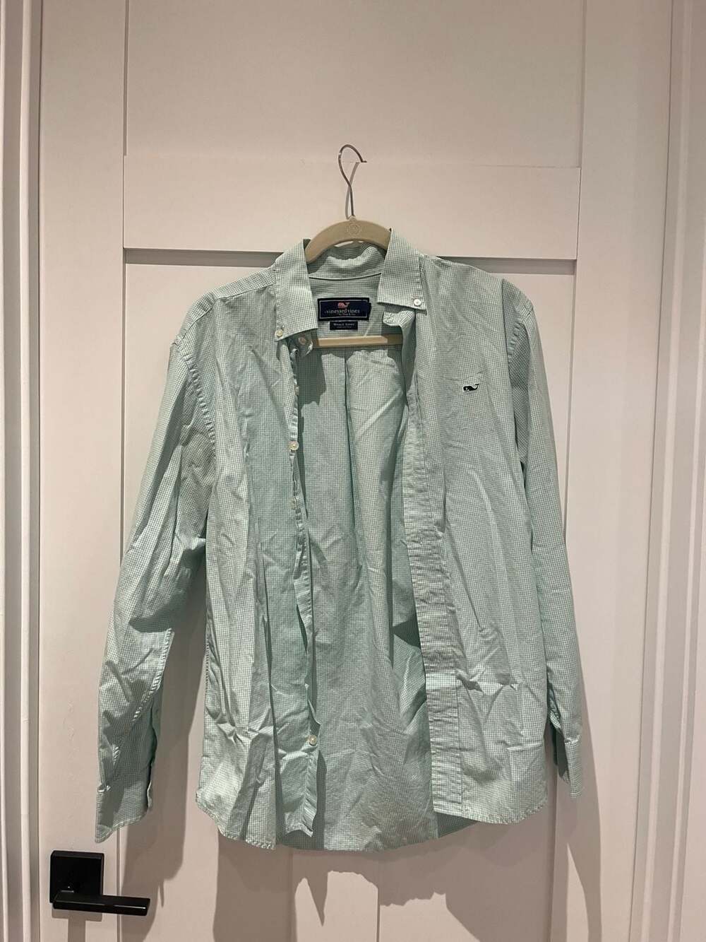 Vineyard Vines Men's Mint Green Gingham Long Sleeve Whale Shirt